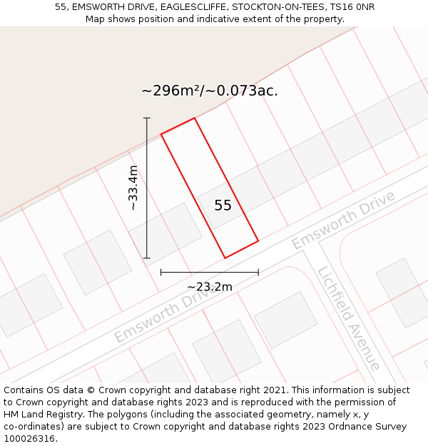 55, EMSWORTH DRIVE, EAGLESCLIFFE, STOCKTON-ON-TEES, TS16 0NR: Plot and title map