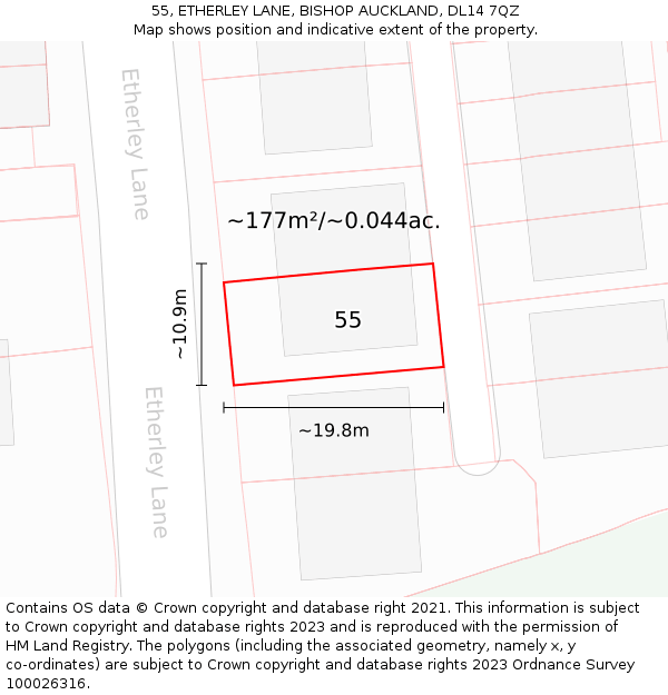 55, ETHERLEY LANE, BISHOP AUCKLAND, DL14 7QZ: Plot and title map