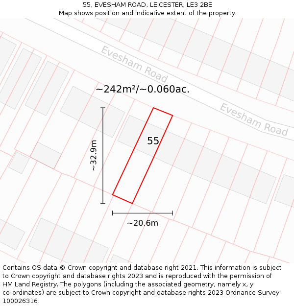 55, EVESHAM ROAD, LEICESTER, LE3 2BE: Plot and title map