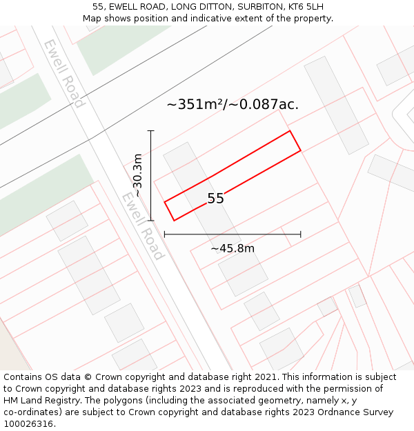 55, EWELL ROAD, LONG DITTON, SURBITON, KT6 5LH: Plot and title map