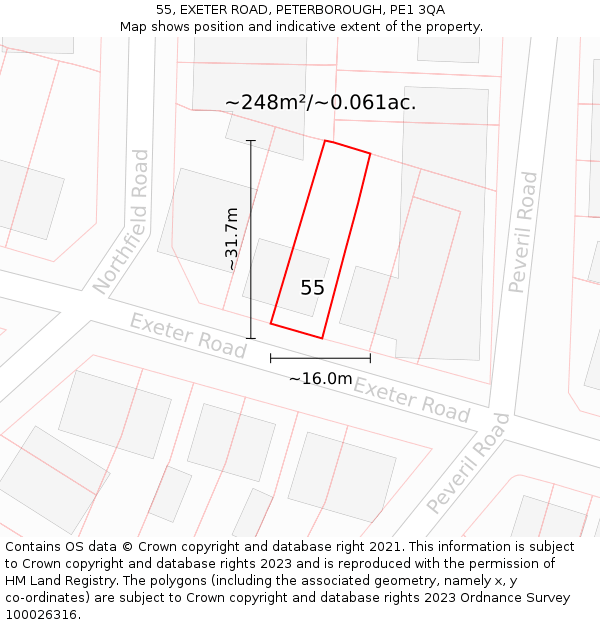 55, EXETER ROAD, PETERBOROUGH, PE1 3QA: Plot and title map