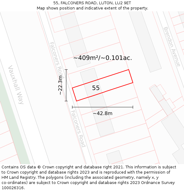 55, FALCONERS ROAD, LUTON, LU2 9ET: Plot and title map