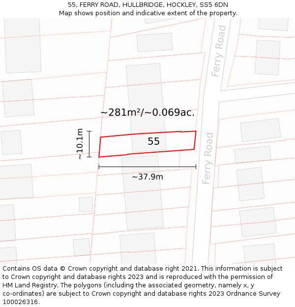 55, FERRY ROAD, HULLBRIDGE, HOCKLEY, SS5 6DN: Plot and title map