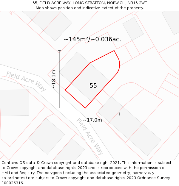 55, FIELD ACRE WAY, LONG STRATTON, NORWICH, NR15 2WE: Plot and title map