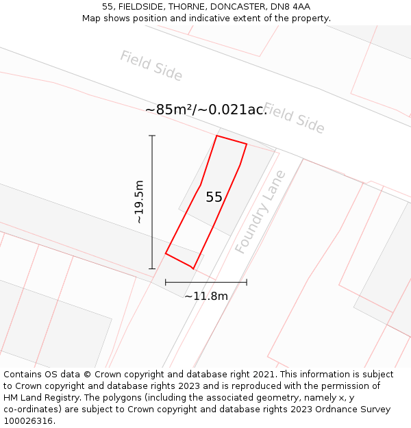 55, FIELDSIDE, THORNE, DONCASTER, DN8 4AA: Plot and title map