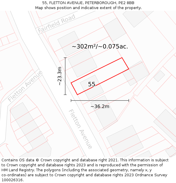 55, FLETTON AVENUE, PETERBOROUGH, PE2 8BB: Plot and title map
