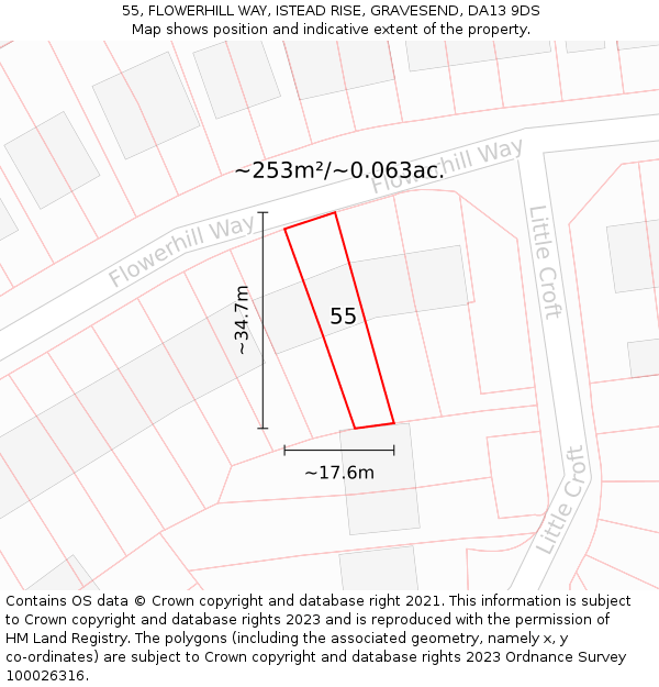 55, FLOWERHILL WAY, ISTEAD RISE, GRAVESEND, DA13 9DS: Plot and title map
