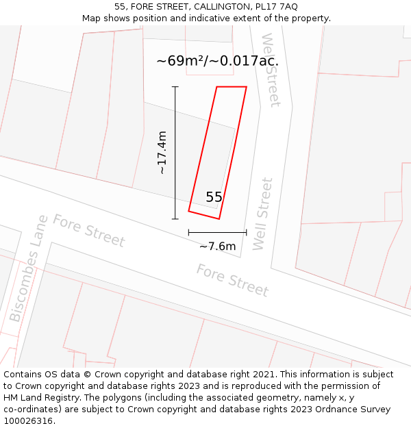 55, FORE STREET, CALLINGTON, PL17 7AQ: Plot and title map
