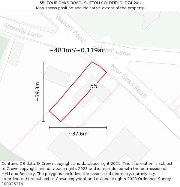 55, FOUR OAKS ROAD, SUTTON COLDFIELD, B74 2XU: Plot and title map