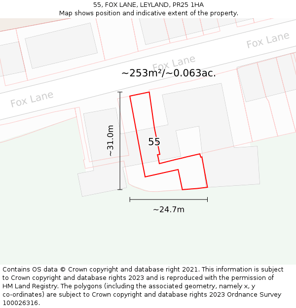 55, FOX LANE, LEYLAND, PR25 1HA: Plot and title map