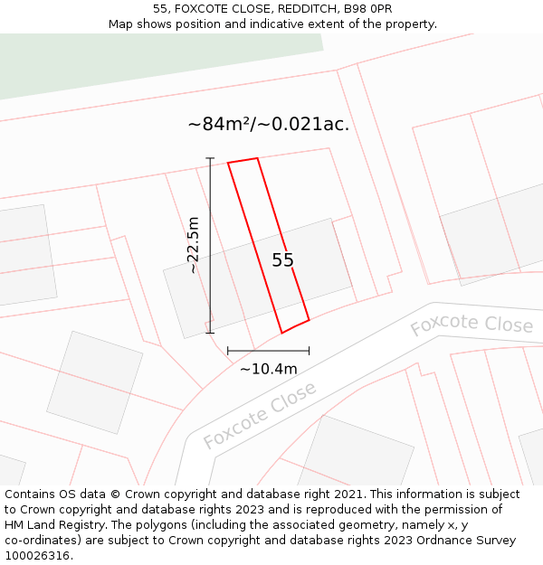 55, FOXCOTE CLOSE, REDDITCH, B98 0PR: Plot and title map