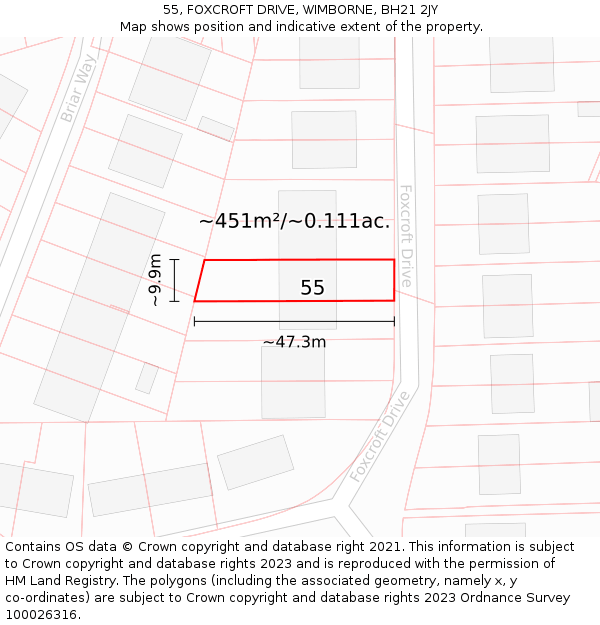 55, FOXCROFT DRIVE, WIMBORNE, BH21 2JY: Plot and title map