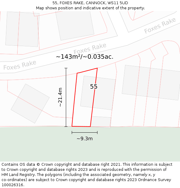 55, FOXES RAKE, CANNOCK, WS11 5UD: Plot and title map