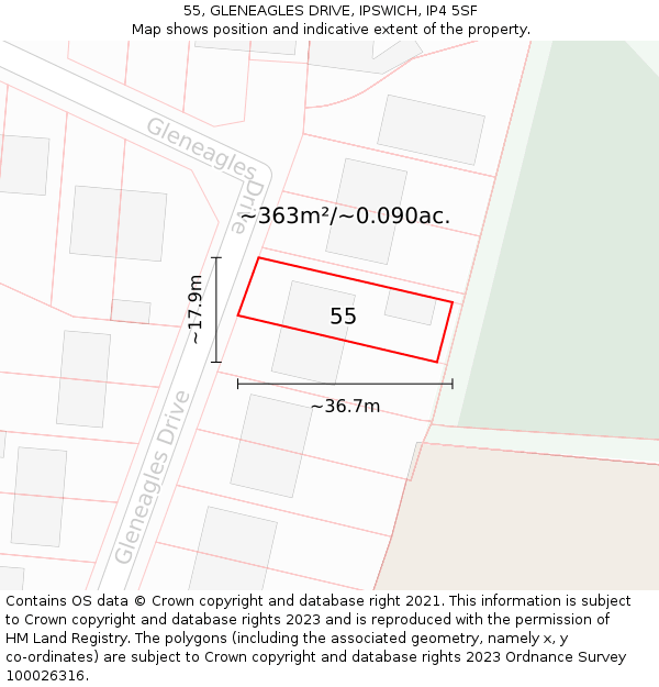 55, GLENEAGLES DRIVE, IPSWICH, IP4 5SF: Plot and title map