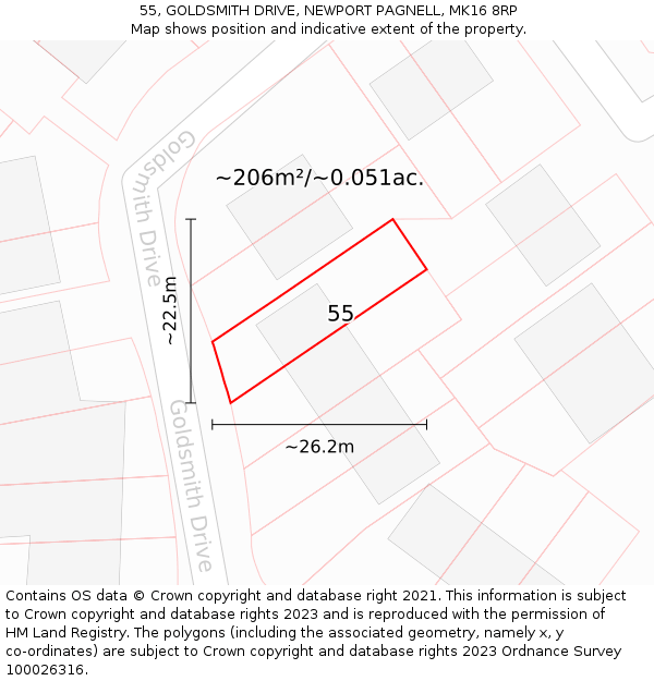 55, GOLDSMITH DRIVE, NEWPORT PAGNELL, MK16 8RP: Plot and title map
