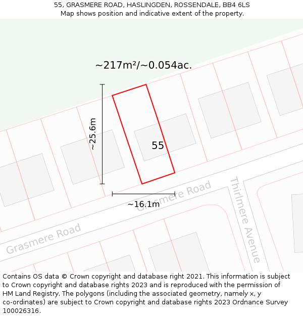 55, GRASMERE ROAD, HASLINGDEN, ROSSENDALE, BB4 6LS: Plot and title map