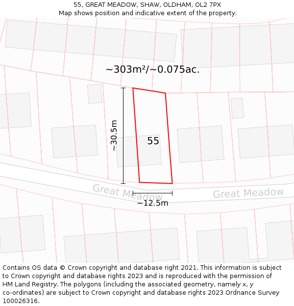 55, GREAT MEADOW, SHAW, OLDHAM, OL2 7PX: Plot and title map