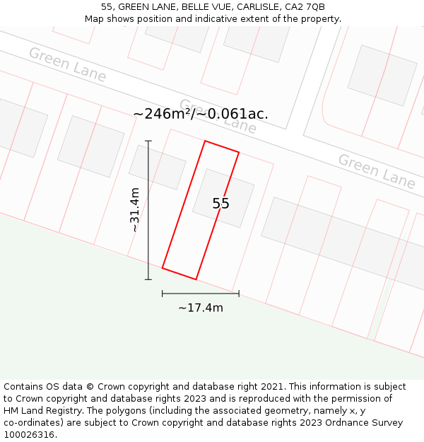 55, GREEN LANE, BELLE VUE, CARLISLE, CA2 7QB: Plot and title map