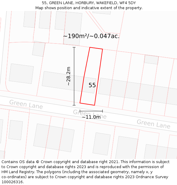 55, GREEN LANE, HORBURY, WAKEFIELD, WF4 5DY: Plot and title map
