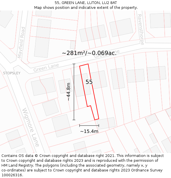 55, GREEN LANE, LUTON, LU2 8AT: Plot and title map