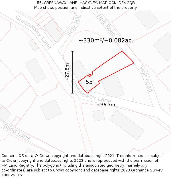 55, GREENAWAY LANE, HACKNEY, MATLOCK, DE4 2QB: Plot and title map