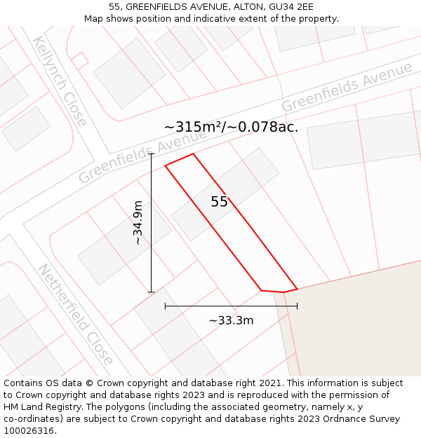 55, GREENFIELDS AVENUE, ALTON, GU34 2EE: Plot and title map