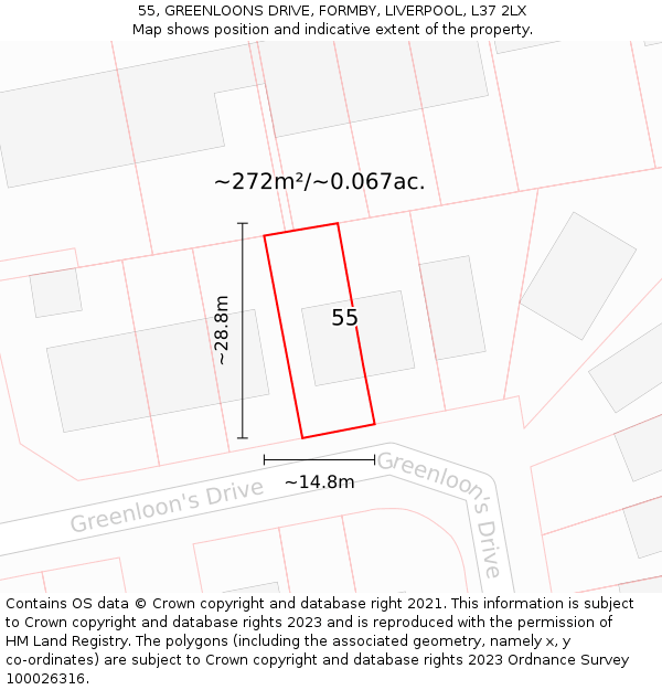 55, GREENLOONS DRIVE, FORMBY, LIVERPOOL, L37 2LX: Plot and title map