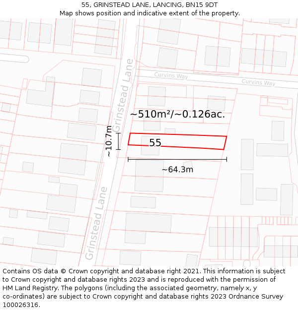 55, GRINSTEAD LANE, LANCING, BN15 9DT: Plot and title map