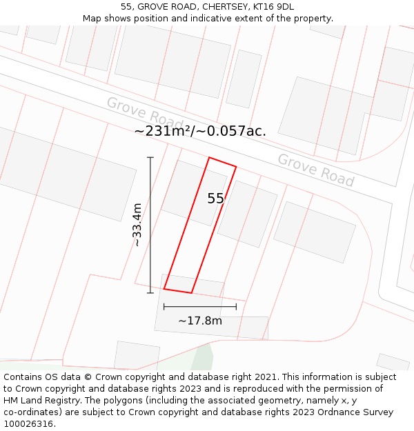 55, GROVE ROAD, CHERTSEY, KT16 9DL: Plot and title map