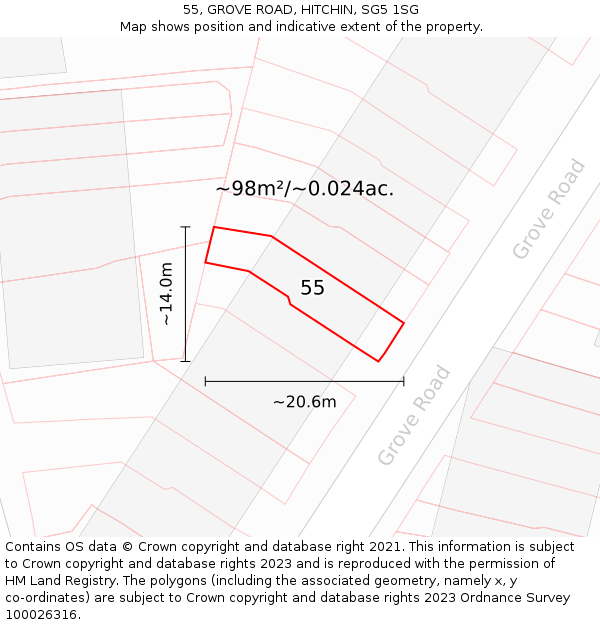 55, GROVE ROAD, HITCHIN, SG5 1SG: Plot and title map