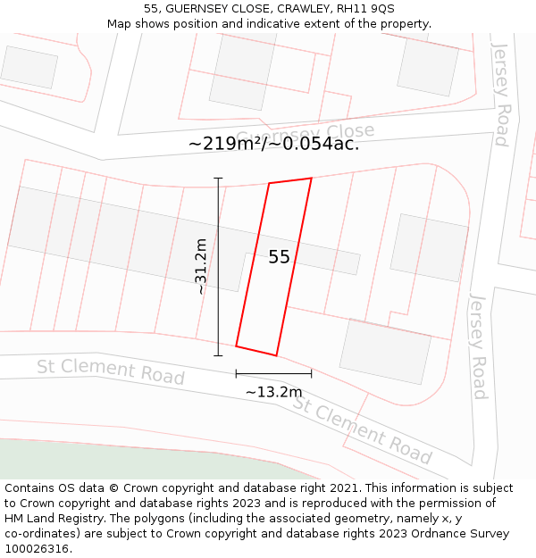 55, GUERNSEY CLOSE, CRAWLEY, RH11 9QS: Plot and title map