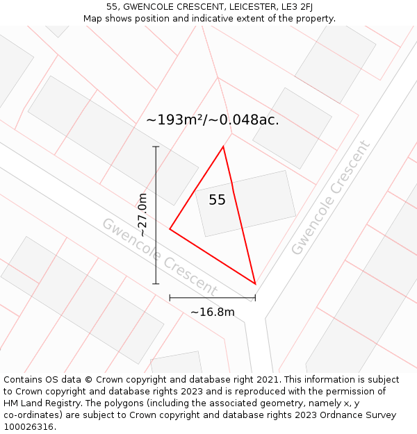 55, GWENCOLE CRESCENT, LEICESTER, LE3 2FJ: Plot and title map