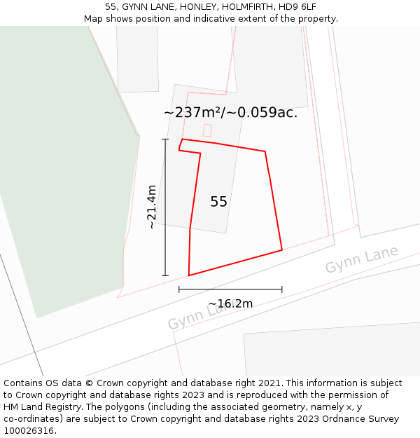 55, GYNN LANE, HONLEY, HOLMFIRTH, HD9 6LF: Plot and title map