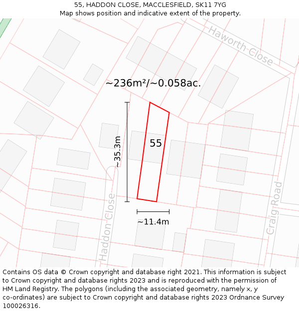 55, HADDON CLOSE, MACCLESFIELD, SK11 7YG: Plot and title map