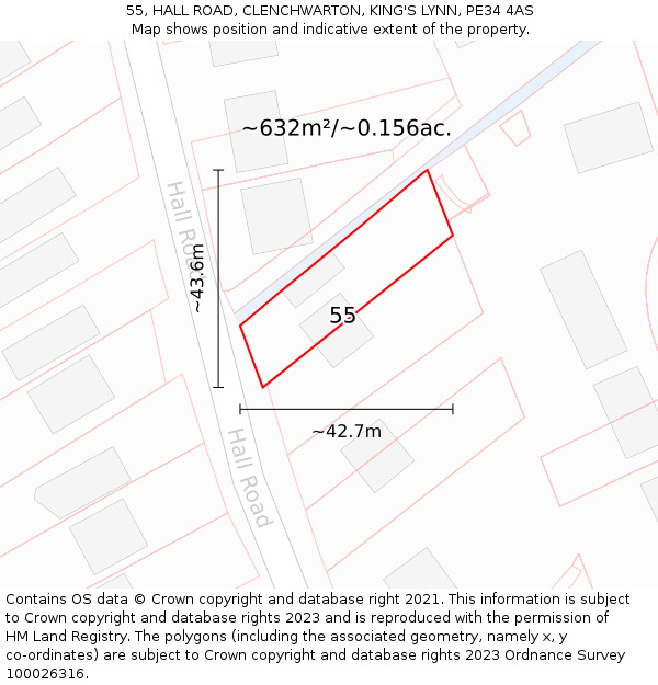 55, HALL ROAD, CLENCHWARTON, KING'S LYNN, PE34 4AS: Plot and title map