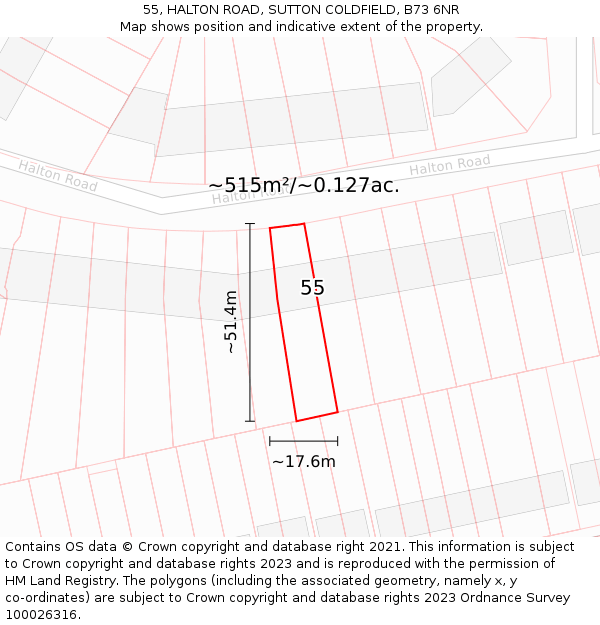 55, HALTON ROAD, SUTTON COLDFIELD, B73 6NR: Plot and title map