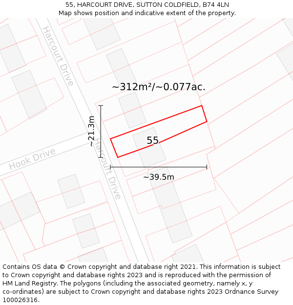 55, HARCOURT DRIVE, SUTTON COLDFIELD, B74 4LN: Plot and title map