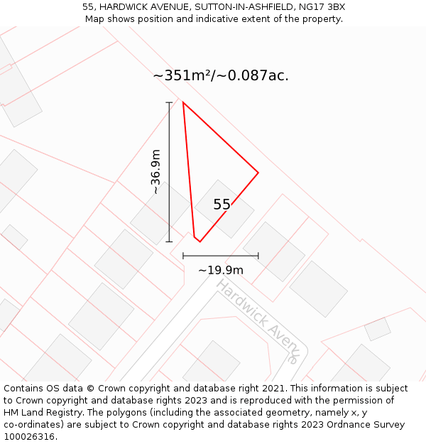 55, HARDWICK AVENUE, SUTTON-IN-ASHFIELD, NG17 3BX: Plot and title map