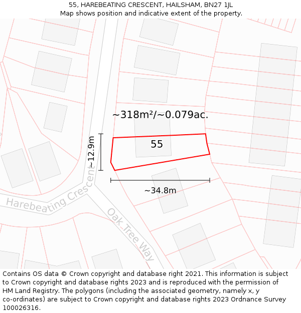 55, HAREBEATING CRESCENT, HAILSHAM, BN27 1JL: Plot and title map