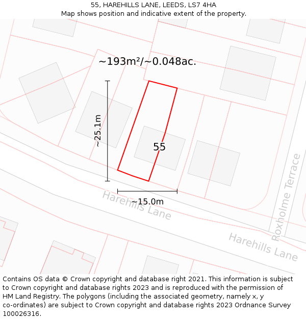 55, HAREHILLS LANE, LEEDS, LS7 4HA: Plot and title map