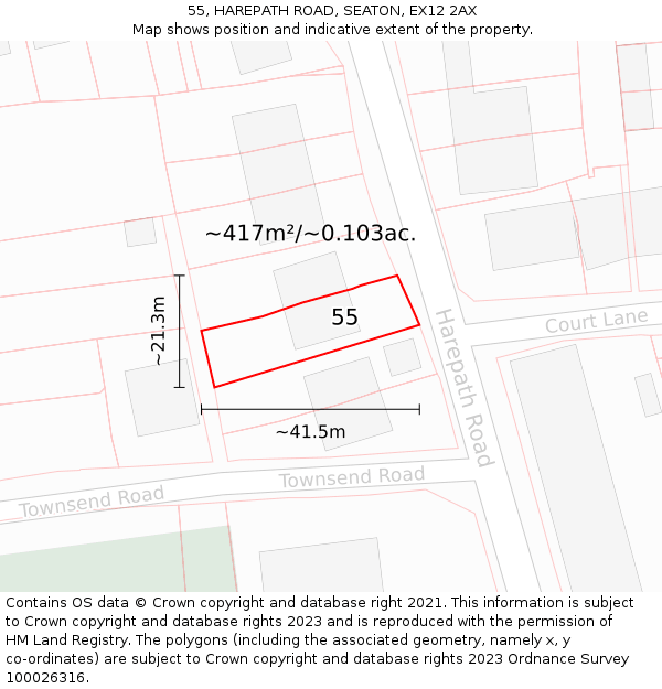 55, HAREPATH ROAD, SEATON, EX12 2AX: Plot and title map