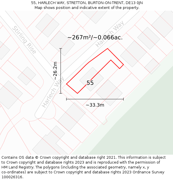 55, HARLECH WAY, STRETTON, BURTON-ON-TRENT, DE13 0JN: Plot and title map