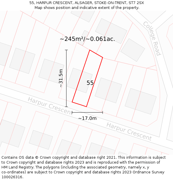 55, HARPUR CRESCENT, ALSAGER, STOKE-ON-TRENT, ST7 2SX: Plot and title map