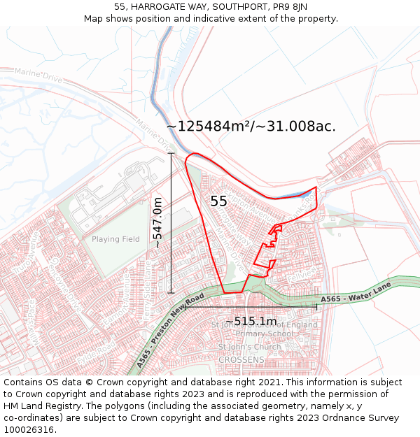 55, HARROGATE WAY, SOUTHPORT, PR9 8JN: Plot and title map