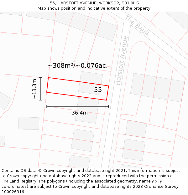 55, HARSTOFT AVENUE, WORKSOP, S81 0HS: Plot and title map