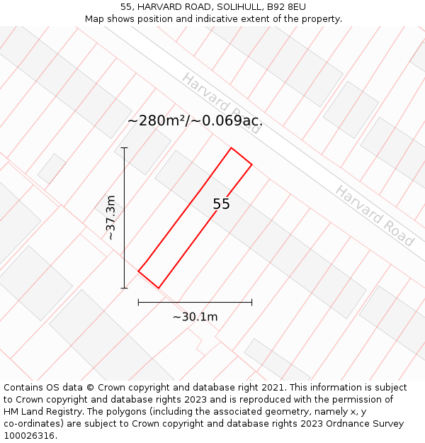 55, HARVARD ROAD, SOLIHULL, B92 8EU: Plot and title map
