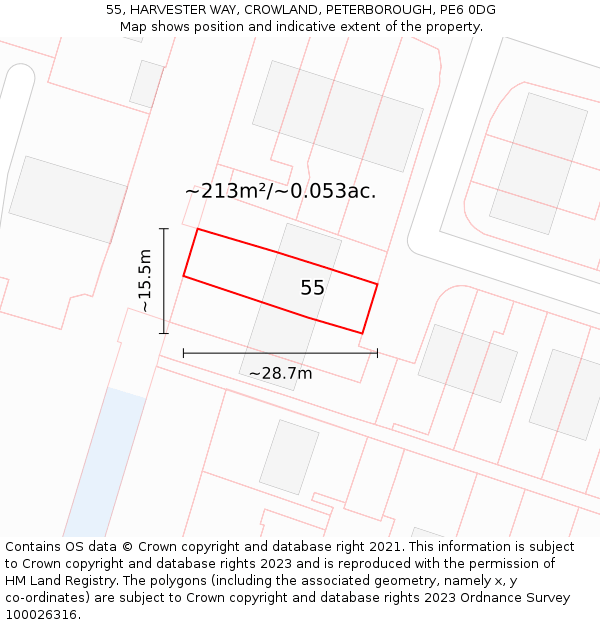 55, HARVESTER WAY, CROWLAND, PETERBOROUGH, PE6 0DG: Plot and title map