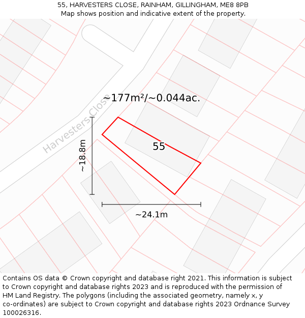 55, HARVESTERS CLOSE, RAINHAM, GILLINGHAM, ME8 8PB: Plot and title map