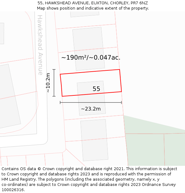 55, HAWKSHEAD AVENUE, EUXTON, CHORLEY, PR7 6NZ: Plot and title map