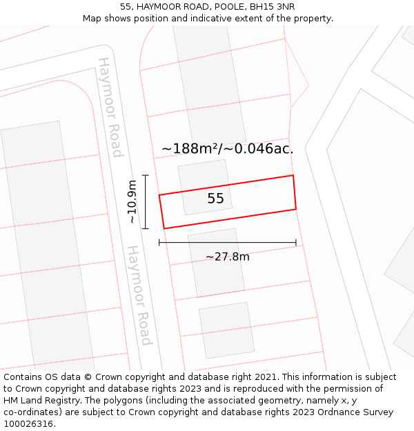 55, HAYMOOR ROAD, POOLE, BH15 3NR: Plot and title map